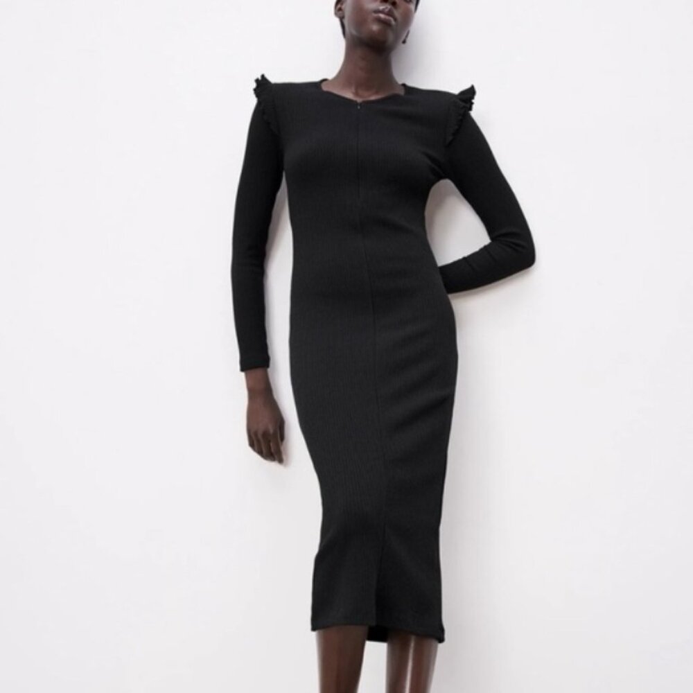 ZARA Ribbed Ruffle Black Midi Dress Bodycon M NWT